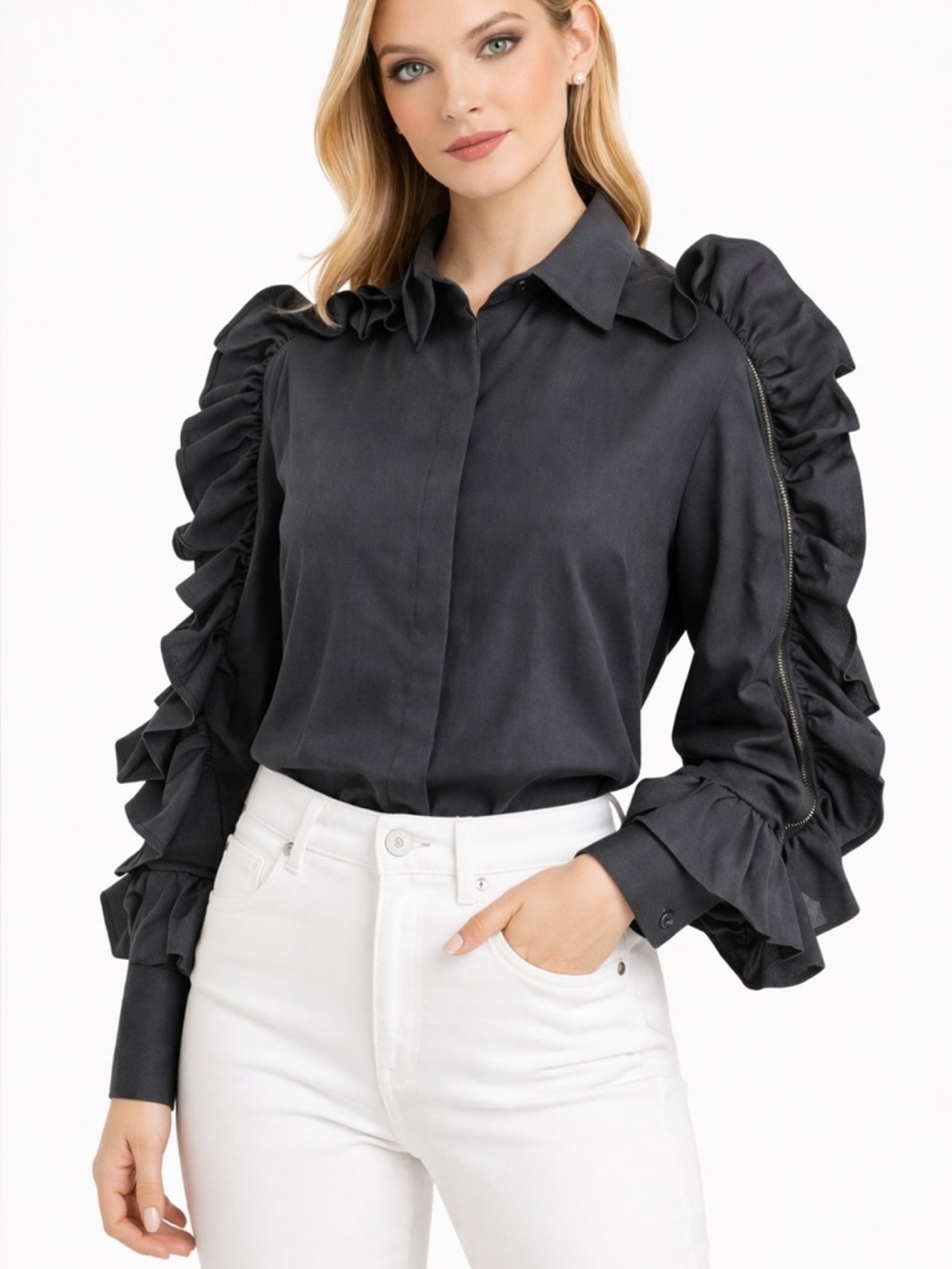 Dramatic Black Zip Ruffle Sleeve Top - Picture 3 of 12